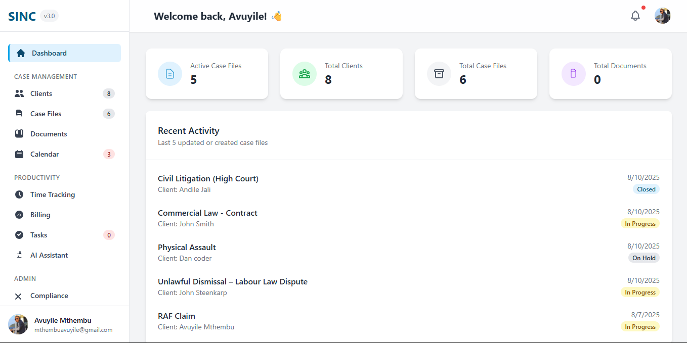 A screenshot of the SINC legal management system dashboard.